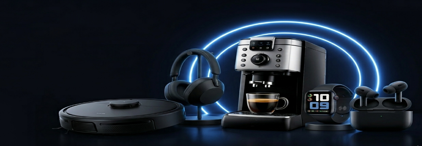Collection of electronic devices including a coffee machine, headphones, smartwatch, and earbuds on a dark background with a blue light circle.